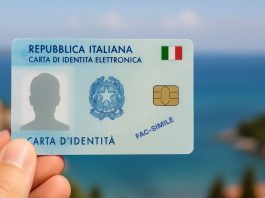 Primer plano de una Carta de Identidad Electrónica italiana sostenida frente a un paisaje en el extranjero