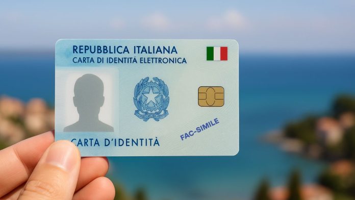 Primer plano de una Carta de Identidad Electrónica italiana sostenida frente a un paisaje en el extranjero