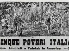 Grabado histórico titulado "I cinque poveri italiani" que ilustra la discriminación sufrida por los inmigrantes italianos en Estados Unidos a finales del siglo XIX.