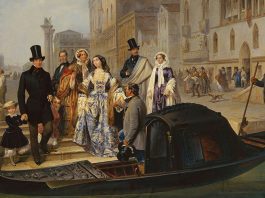 "Pintura del siglo XVIII que representa viajeros europeos durante el Grand Tour en Italia"