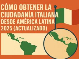 Mapa y bandera que representan la guía para tramitar la ciudadanía italiana desde países latinoamericanos en 2025