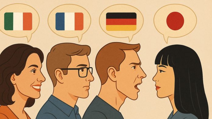 Perfiles faciales de personas hablando diferentes idiomas, representando expresiones culturales