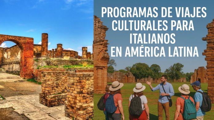 Turismo Grupo de turistas italianos en América Latina participando en una visita cultural guiada entre ruinas históricas