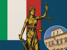Ilustración con la bandera italiana, la figura de la justicia y la Corte Constitucional, representando la sentencia sobre la ciudadanía iure sanguinis.