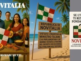 Portada del libro Novitalia de Ennio Marchetti con fondo tropical y símbolos italianos