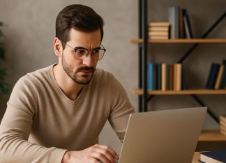 El fundador que superó a Google: la nueva forma de hacer SEO en la era de la IA Hombre concentrado trabajando en su laptop, representando la nueva era del SEO impulsado por la inteligencia artificial