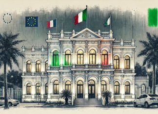 La opción por otra ciudadanía no implica renuncia a la italiana: sentencia histórica en Italia Dibujo a mano de la Embajada de Italia en Costa Rica con iluminación tricolor nocturna, representando el reconocimiento de la ciudadanía italiana iure sanguinis
