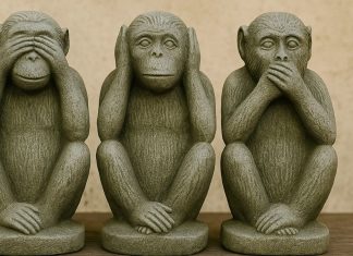Costa Rica, el país más feliz del mundo… donde los pensionados esperan en silencio su dinero Tres monos sabios simbolizando el silencio institucional del Banco Nacional de Costa Rica ante los retrasos en las transferencias internacionales y pensiones retenidas.
